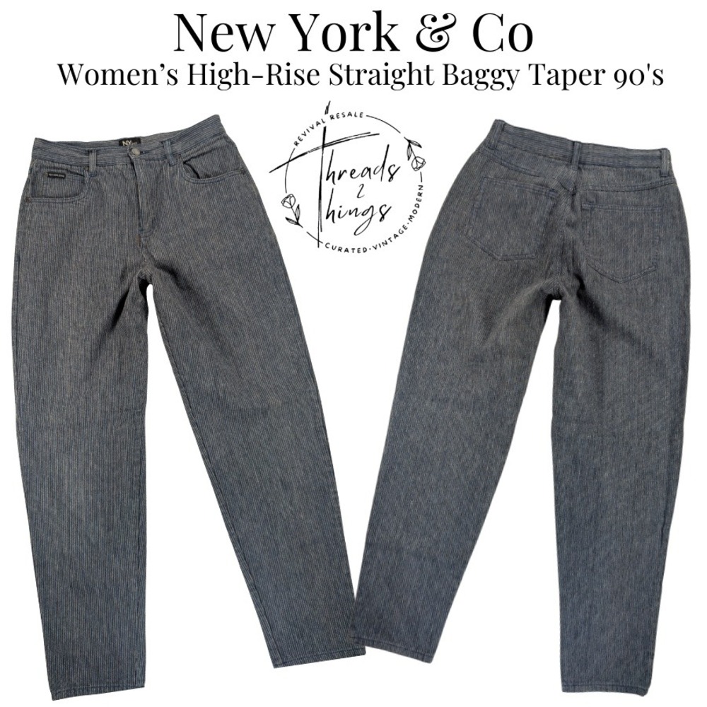 VTG New York & Company Jeans Womens 10 Straight Baggy Taper 90s Pin Stripe Denim